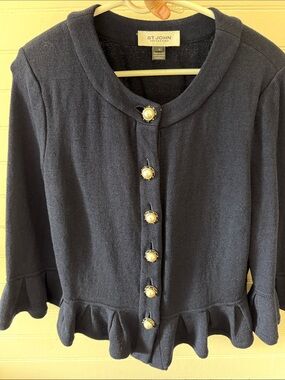 St. John Navy Pearl-Button Peplum Knit Blazer